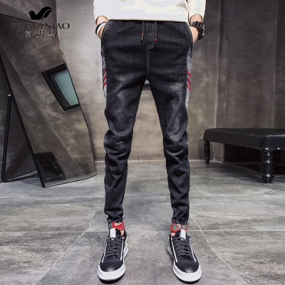 富贵鸟（FUGUINIAO）2019春秋装牛仔裤男士修身条纹长裤青年潮流花边小脚裤韩版休闲裤男