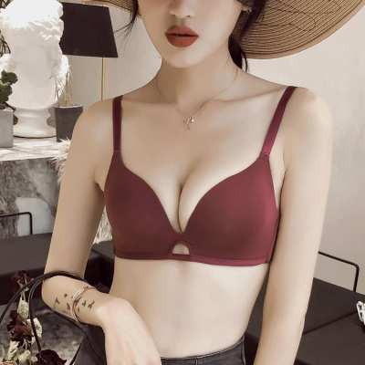 光面无痕无钢圈镂空内衣套装聚拢上托性感舒适薄款文胸罩女红色美铂娜