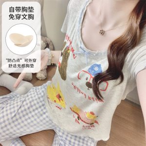 女睡衣夏季新款带胸垫圆领短袖长裤学生卡通可爱家居服外穿