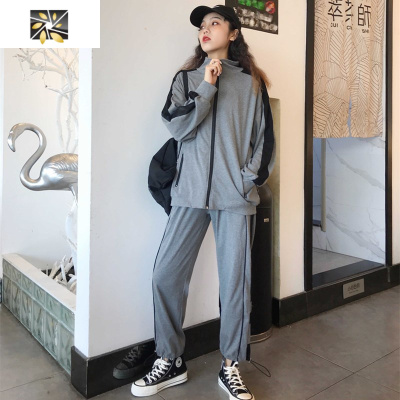 暖青汇韩版灰色运动休闲套装女春秋新款学生宽松显瘦时尚炸街卫衣两件套卫衣