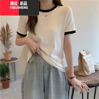 YIBUSHENG冰丝正肩短袖t恤女季新款百搭显瘦设计感螺纹打底衫女半袖上衣