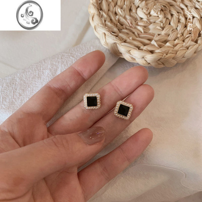 JiMi小方块珍珠耳钉2023年新款黑色高级感气质耳环设计感小巧简约耳饰