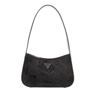 GUESS女款小方包黑色光面皮质链条单肩斜挎包金属扣手提包复古短链条通