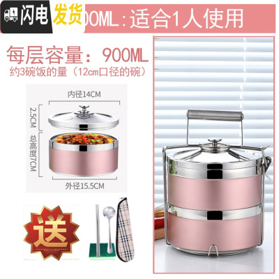 三维工匠炫彩304不锈钢多层保温饭盒组合密封食格提篮学生成人便携提锅 16cm二层玫瑰金+两件套+百洁布