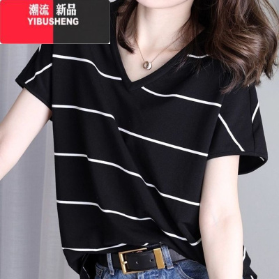 YIBUSHENG胖mm300斤加大码宽松短袖T恤女季新款半袖遮肚条纹v领上衣ins潮