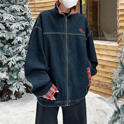 男装潮牌美式假两件格子拼接牛仔夹克外套日系复古休闲痞帅男夹克