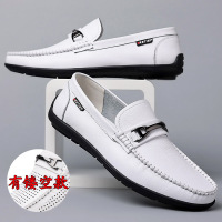 新款豆豆鞋真皮男鞋镂空透气洞洞鞋百搭休闲潮流小白鞋一脚蹬鞋子_2