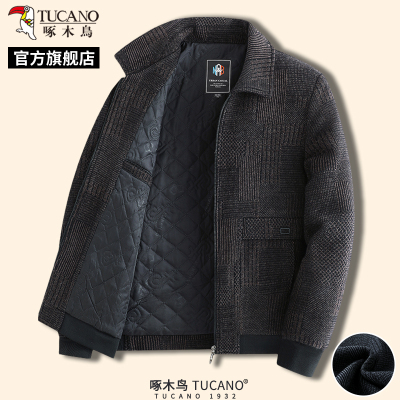 啄木鸟冬季新款男士中年呢子大衣爸爸装保暖夹克外套加棉上衣服C