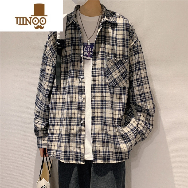 YANXU日系复古格子长袖衬衫男ins潮牌宽松休闲衬衣韩版潮流外套