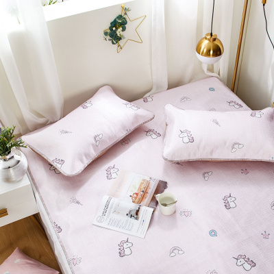 美帮汇冰丝席三件套少女夏凉席1.8m可折叠凉席套件樱粉星梦