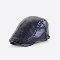 秋冬鸭舌帽男士中年户外保暖帽子老年百搭前进贝雷帽PU皮