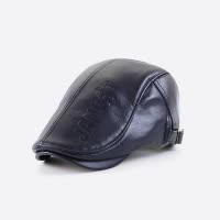 秋冬鸭舌帽男士中年户外保暖帽子老年百搭前进贝雷帽PU皮