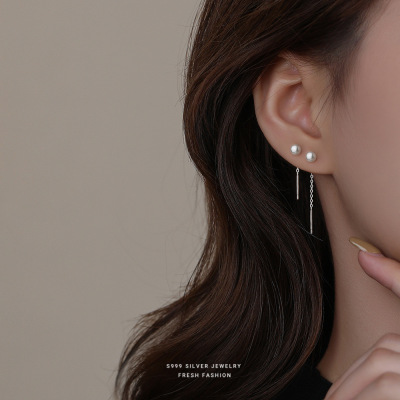 s999纯银天然淡水珍珠耳线女时尚轻奢优雅流苏耳钉足银长款耳饰送女朋友老婆情人节七夕生日礼物