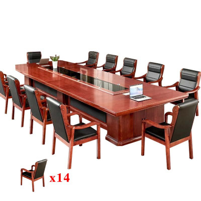 铭威盾大型油漆会议桌实木黑玻璃长桌开会办公室桌椅组合工作台4米会议桌+14把将椅