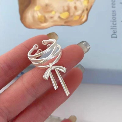 S925纯银白丝带蝴蝶结戒指女小众设计感甜美风开扣可调节指环批发送女朋友老婆情人节七夕生日礼物