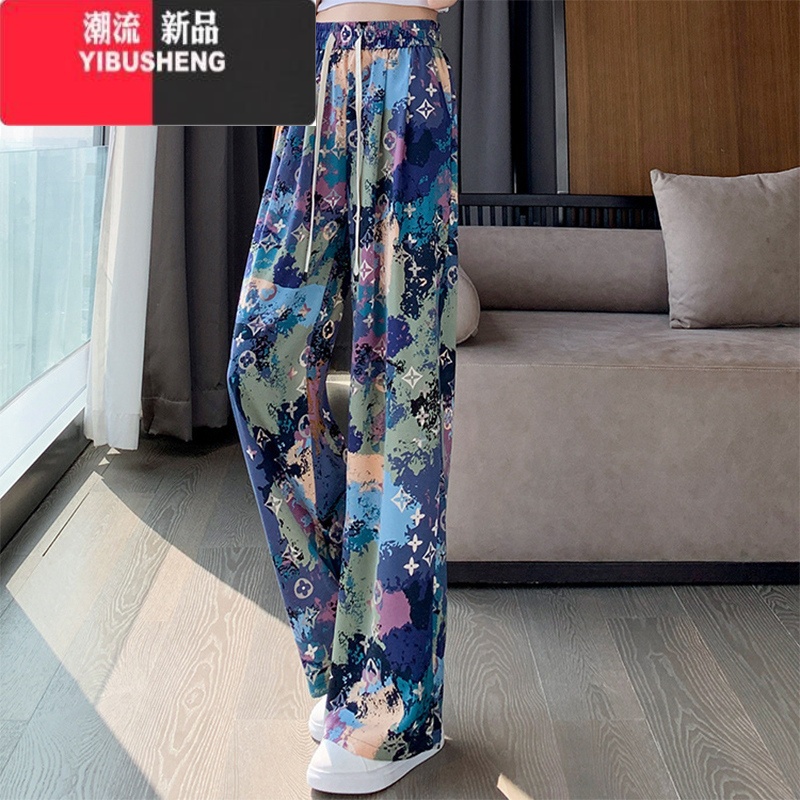 YIBUSHENG季大码薄款垂感显瘦拖地阔腿裤宽松印花沙滩休闲裤碎花凉凉裤女