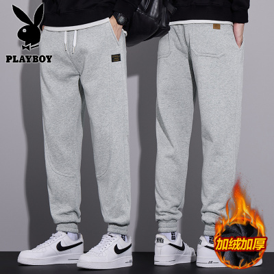 花花公子新款高品质秋冬休闲加绒卫裤男潮牌宽松运动哈伦工装裤子