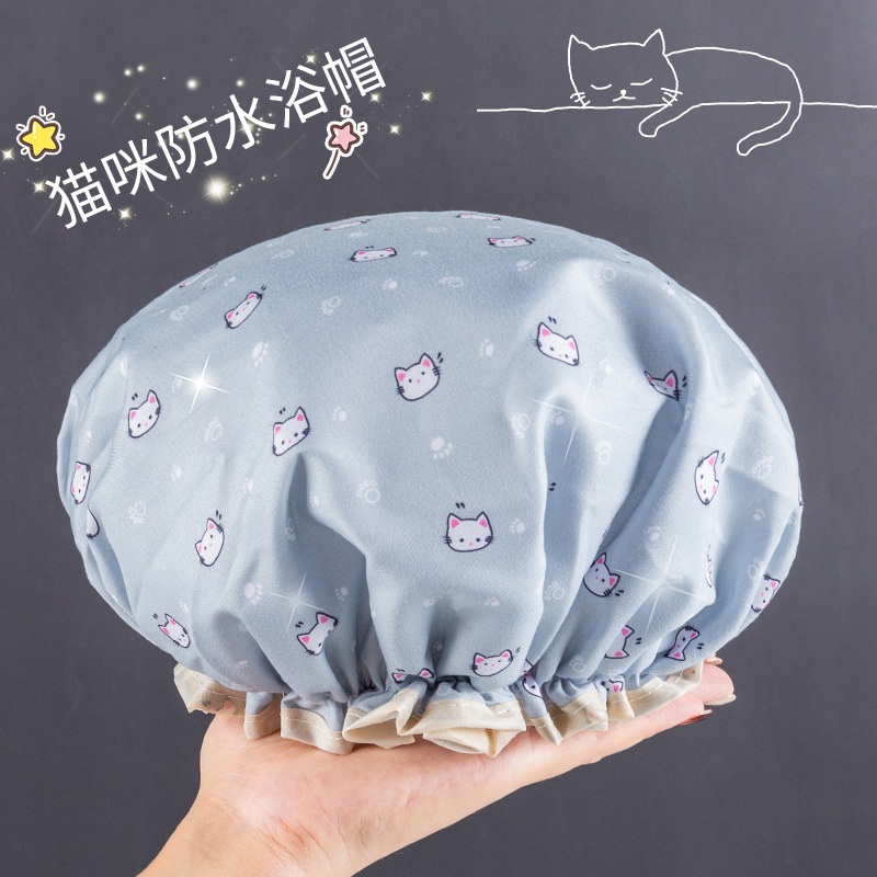 [补贴10%]双层浴帽女防水洗澡家用防油烟头套女童干发膜专用沐浴帽2024新款 [单独一个 无赠品]喵咪蓝