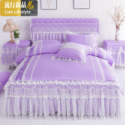 少女心纯色花边韩版公主风蕾丝床裙四件套床罩裙式荷叶边被套1.8 三维工匠