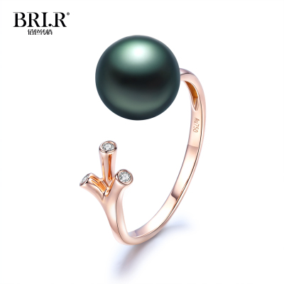 brir佰色传情正圆8-9mm高亮泽大溪地黑珍珠戒指18K金钻石正品13号
