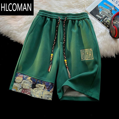 HLCOMAN刺绣小熊休闲短裤男士夏季2025新款国风潮牌宽松运动沙滩五分裤子