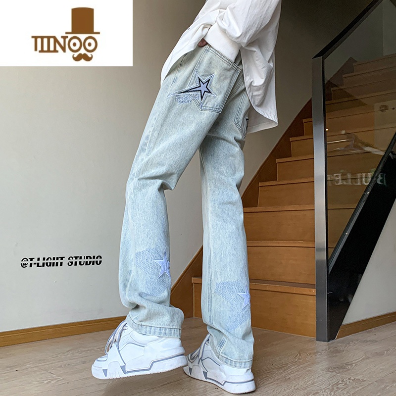 YANXU浅蓝色星星刺绣牛仔裤高街vibe裤子潮牌男夏季薄款显高直筒微喇裤