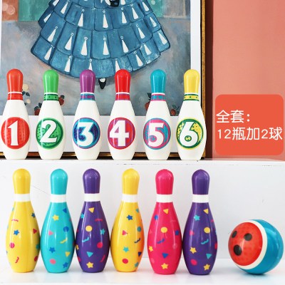 儿童保龄球玩具户外室内运动球类玩具统感训练宝宝男女孩3-8岁数字+几何混色12瓶+2球-