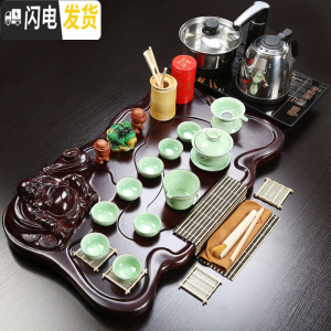 三维工匠功夫茶具套装家用简约整套电热磁炉茶盘陶瓷紫砂茶杯茶道茶台 青瓷牡丹茶具弥勒佛茶盘电磁炉套装 2件