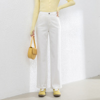 米白色牛仔直筒裤女秋季高腰宽松弹力柔软九分阔腿裤8131