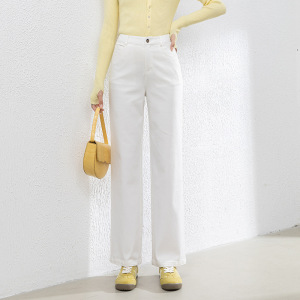 米白色牛仔直筒裤女秋季高腰宽松弹力柔软九分阔腿裤8131