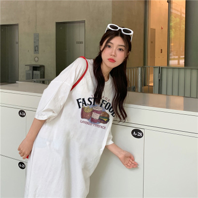6535棉夏季新款韩版宽松字母印花学生开叉短袖中长款连衣裙女INS