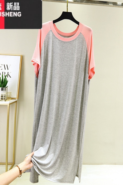 YIBUSHENG莫代尔圆领短袖打底裙拼接撞色大码薄款休闲连衣裙女睡裙开叉长裙 灰色 均码80-140斤