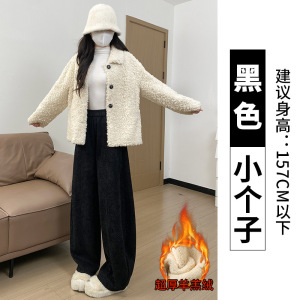 加绒裤子女秋冬季加厚保暖棉裤外穿慵懒条纹毛呢羊羔绒阔腿裤
