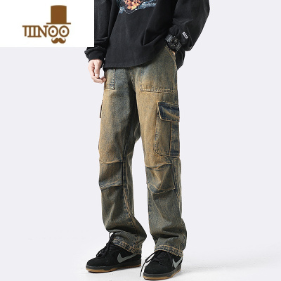 YANXU美式复古牛仔裤男秋季潮牌宽松水洗做旧伞兵工装裤高街休闲直筒裤