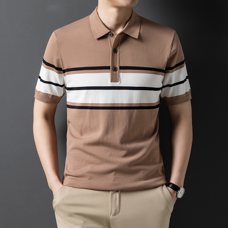 夏季休闲男士翻领针织条纹短袖t恤中年宽松男装薄款半袖polo衫潮