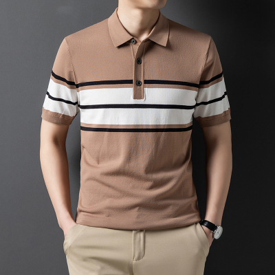 夏季休闲男士翻领针织条纹短袖t恤中年宽松男装薄款半袖polo衫潮
