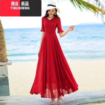 YIBUSHENG连衣裙女装度假纯色五分袖新款长裙过膝沙滩裙大码季V领大摆裙