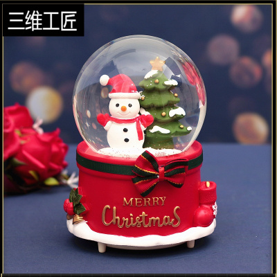飘雪花彩灯圣诞老人雪人水晶球音乐盒摆件圣诞节八音盒礼物礼品三维工匠中号雪人音乐+灯光+手动飘雪