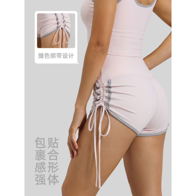新款抽绳运动短裤蜜桃撞色高腰紧身跑步训练健身瑜伽裤女