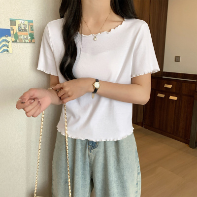 [1折价26.9元,叠加优惠券]唐狮 短袖T恤夏季女圆领木耳边短款休闲上衣小个子打底衫