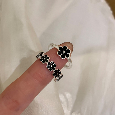纯银黑色滴釉小花戒指女小众设计高级感甜酷风食指戒时尚个性送女朋友老婆情人节七夕生日礼物