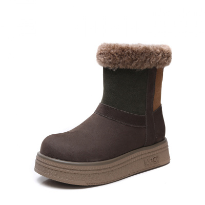 头层牛皮雪地靴女冬季新款拼色羊羔毛短靴加绒防滑厚底百搭