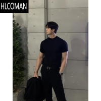HLCOMAN英伦雅痞男装夏季收袖口t恤小领口修身短袖显肌肉西装内搭5分半袖