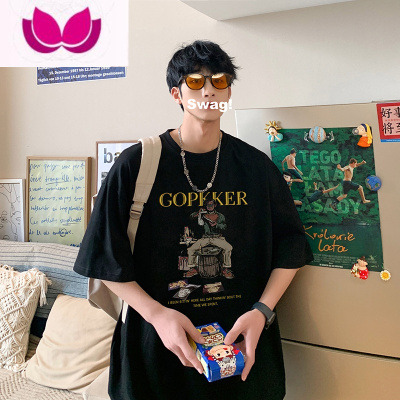 七斓美式印花短袖t恤男夏季潮牌宽松圆领半袖帅气嘻哈高街体恤衫