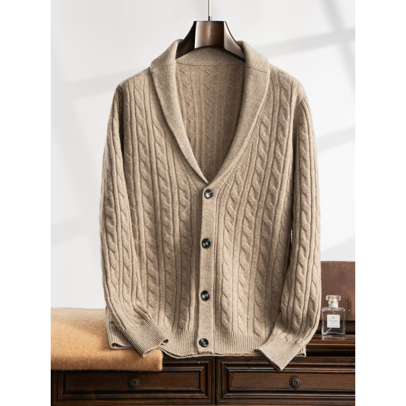 秋冬新款双股加厚羊绒衫男V领开衫复古纯色麻花针织毛衣外套
