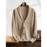 秋冬新款双股加厚羊绒衫男V领开衫复古纯色麻花针织毛衣外套