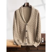 秋冬新款双股加厚羊绒衫男V领开衫复古纯色麻花针织毛衣外套