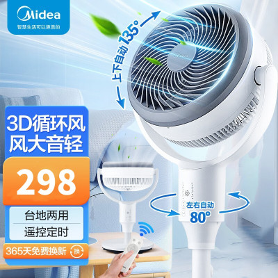 美的(Midea)空气循环扇GAG24JR 家用遥控电风扇台地两用落地扇对流3D摇头电扇轻音低噪大风力风扇白色