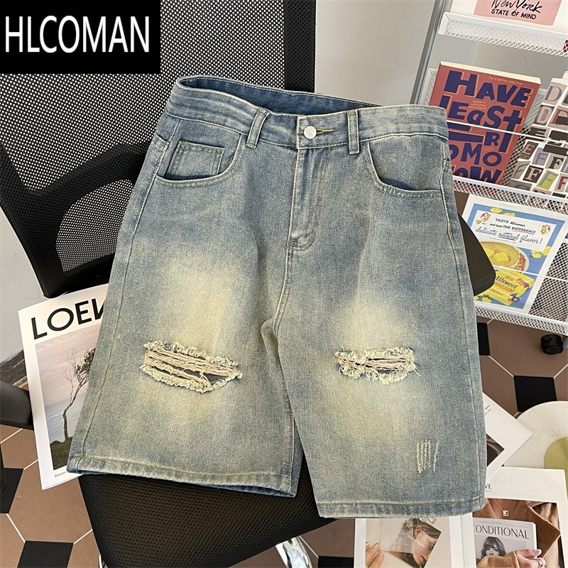 HLCOMAN水洗做旧牛仔短裤男夏季vintage潮牌高街复古休闲宽松破洞五分裤