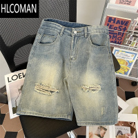 HLCOMAN水洗做旧牛仔短裤男夏季vintage潮牌高街复古休闲宽松破洞五分裤
